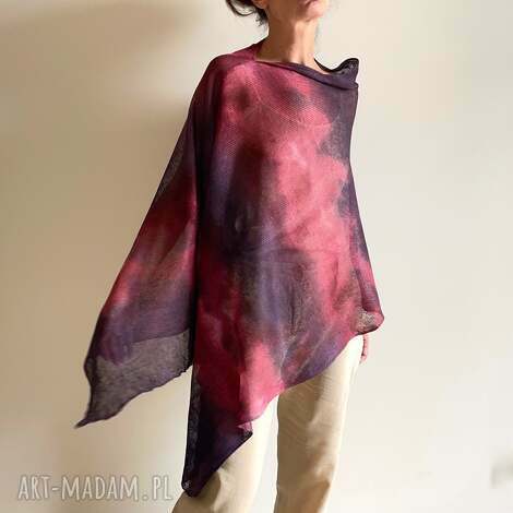 Lniane poncho narzutka bakłażan i malina - handmade one size