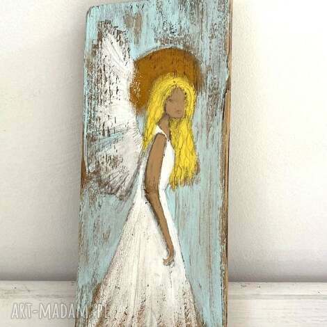 misty art studio anioł stróż na desce obraz aniołek, stare drewno prezent