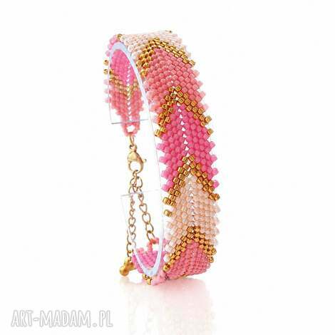 Różowo-Złota bransoletka z koralików Miyuki Delica Pink Chevron - ręcznie robiona