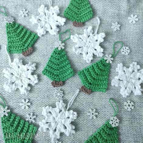 Zestaw ozdób choinkowych handmade - 5 śnieżynek i 6 choineczek na szydełku (biel i zieleń)