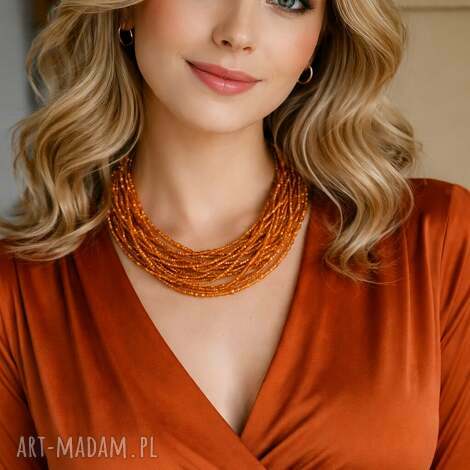 wielowarstwowy naszyjnik w stylu etno z miodowego szkła, naszyjnik boho etno, kolorowa