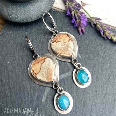 jaspi, turkus, pustynia i niebo - srebrne kolczyki, wyszukany prezent