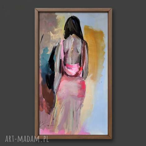 Pinkish - obraz kobieta 56x97 cm z pastelowym neonowym różem - akryl na papierze do oprawy pod szkło