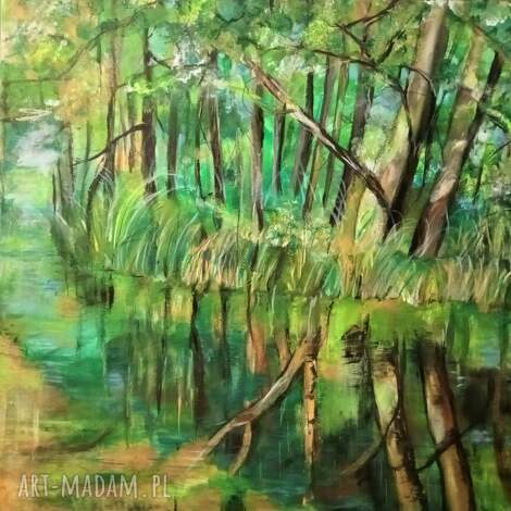 Leśne zacisze - ręcznie malowany obraz las i staw 40x40
