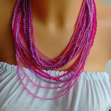 naszyjnik duży różowy koraliki krótkie kaskadowe, korale kolorowe na lato