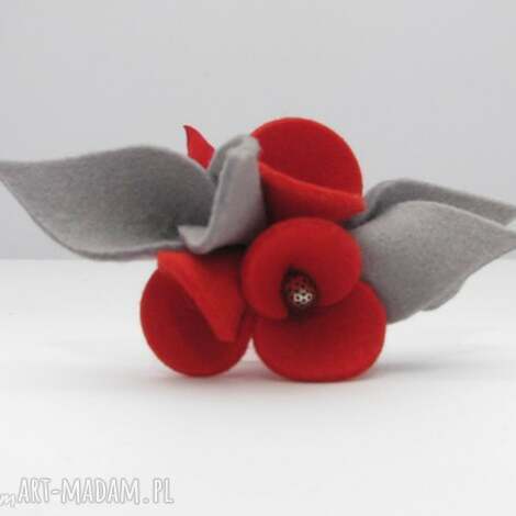 Broszka filcowe bratki - czerwień z szarością (handmade)
