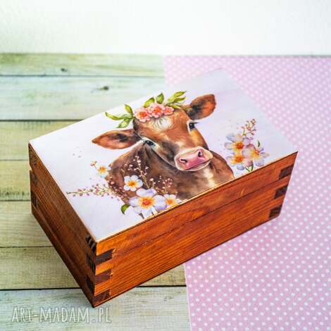 Pudełko drewniane Krówka - wiejskie klimaty, decoupage