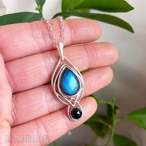 celtyckie sploty, labradoryt łezka, spinel, rozeta, naszyjnik srebrny, zawieszka