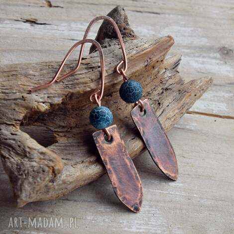 kolczyki z kutej, oksydowanej miedzi i agatu /5/, biżuteria kamieniami