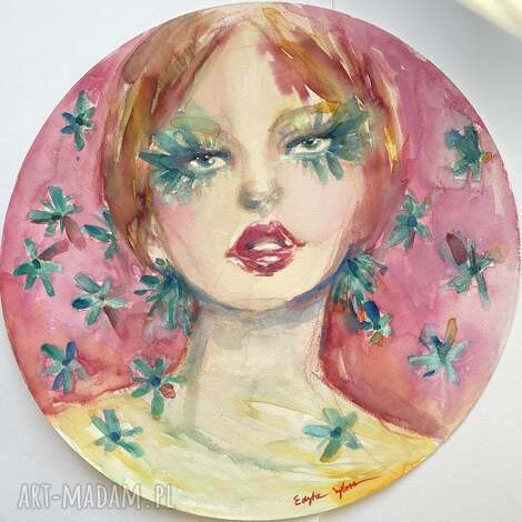 Flower fluff - akwarela na papierze okrągły obraz 30x30 cm glamour