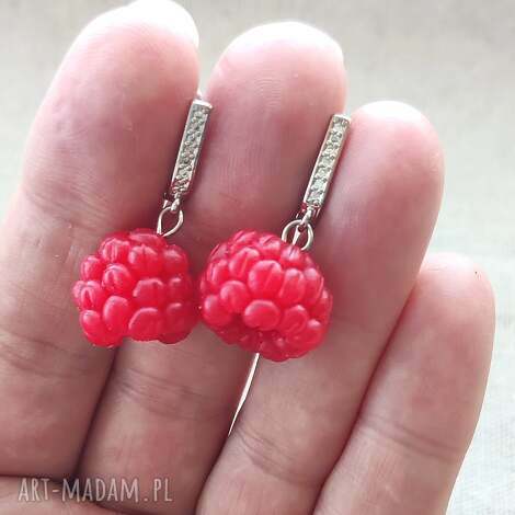Letnie kolczyki handmade maliny na biglach angielskich - realistyczne i z cyrkoniami