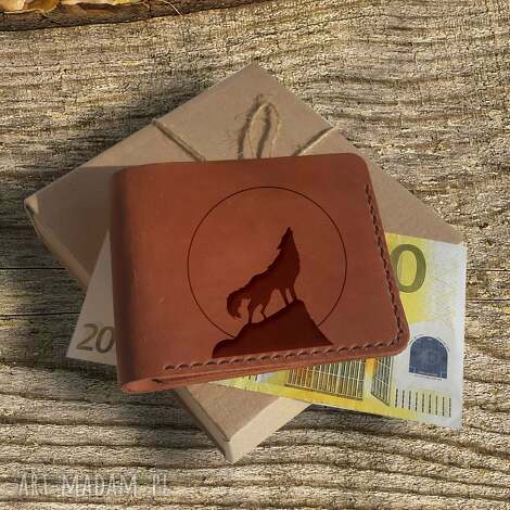 Portfel męski skórzany z grawerem wilk - personalizowany handmade
