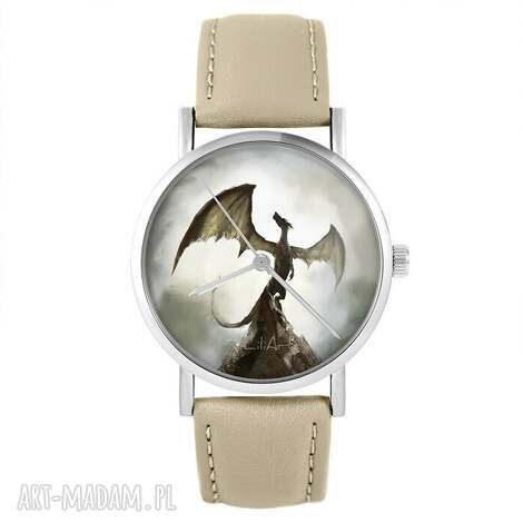 zegarki zegarek - smok cienia skórzany, beżowy pasek dla mężczyzny prezent