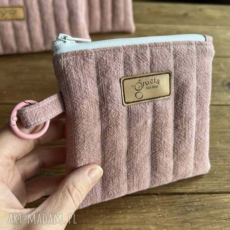 mini kosmetyczka - zgaszony róż lniany eko portfel, organizacja torebki, prezent