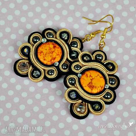 złote słońca - kolczyki sutasz, soutache, swarovski, etniczne