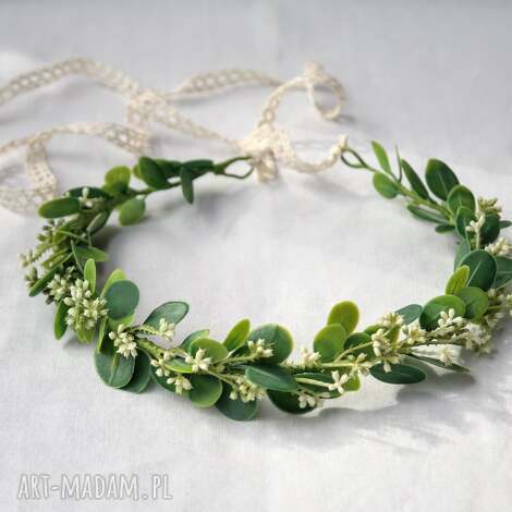 leśna polana - romantyczny wianek w odcieniach zieleni i złamanej bieli, styl