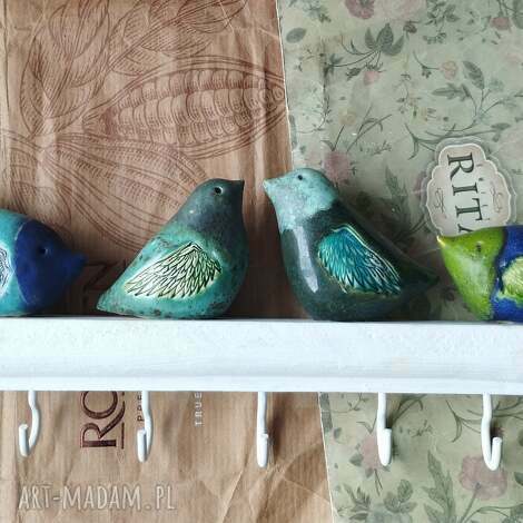 wieszak z ptaszkami w niebiesko - zielonej tonacji na 5 haczyków, ceramika