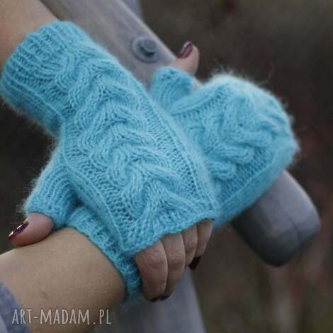mitenki turkusowe z kłoskiem, na drutach, miękkie, wygodne, eleganckie, wzór
