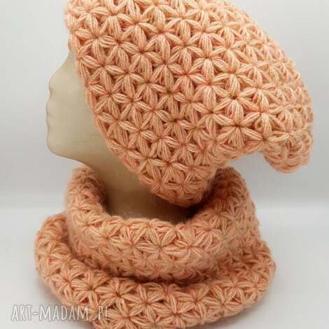 komplet handmade czapka komin jaśmin i komin czapka, ścieg jaśminowy, zestaw