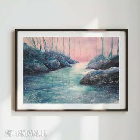 Oryginalna akwarela Rzeka o świcie 38x56 cm - obraz