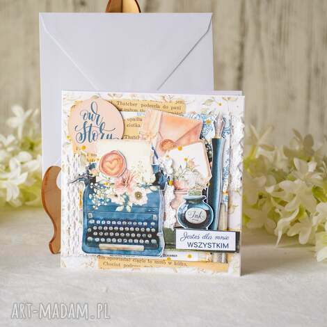 Kartka scrapbooking z maszyną do pisania - Jesteś dla mnie wszystkim (14x14, ręcznie robiona)