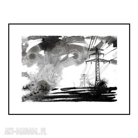 grafika z cyklu pejzaże industrialne malowana ręcznie 21cm x 30cm, krajobraz