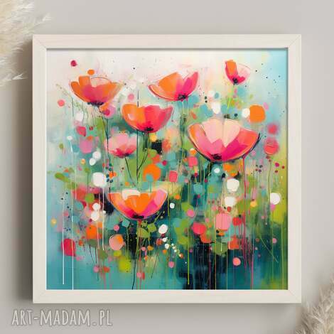 Obraz łąka kwietna 50x50 cm - czerwone i pomarańczowe kwiaty (wydruk giclee)