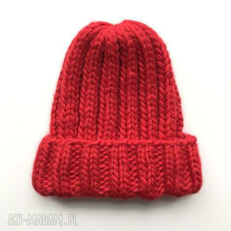 Gruba czapka wełniana beanie 100% wełna handmade - czerwona