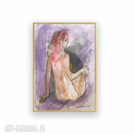 Oprawiony rysunek z aktem - ręcznie malowany szkic akwarelowy, 22,5x31 cm
