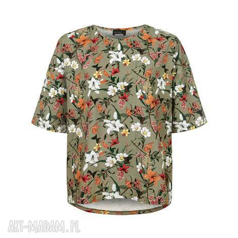 Bluzka T-shirt beżowo-zielone kwiaty - bawełniana handmade na lato