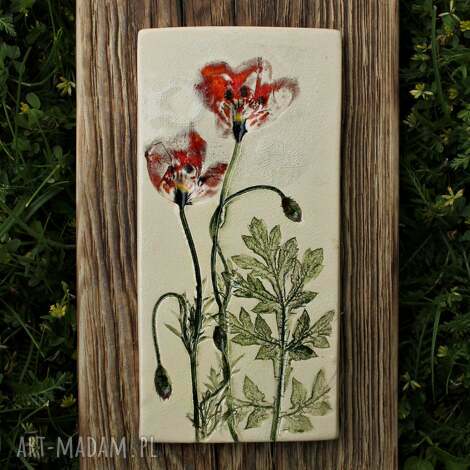 Ceramiczny obrazek na desce - Maki polne, ręcznie malowany i szkliwiony 19x11 cm