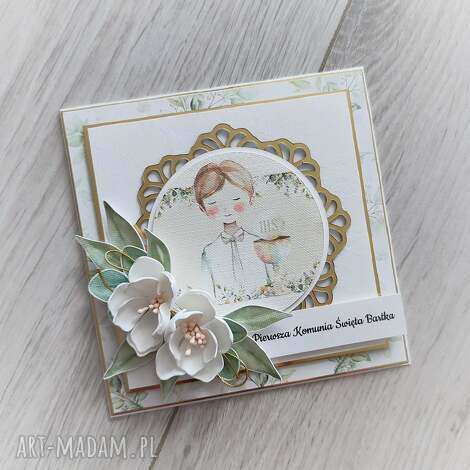 Kartka komunijna dla chłopca - scrapbooking handmade (beż, zieleń i złoto)
