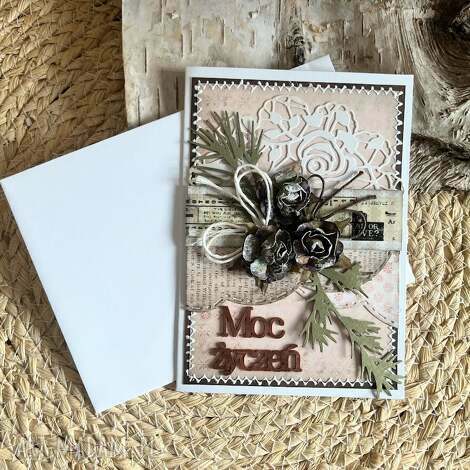 Kartka urodzinowa i imieninowa rustykalna - ręcznie robiona scrapbooking z białą kopertą i 3D kwiatami