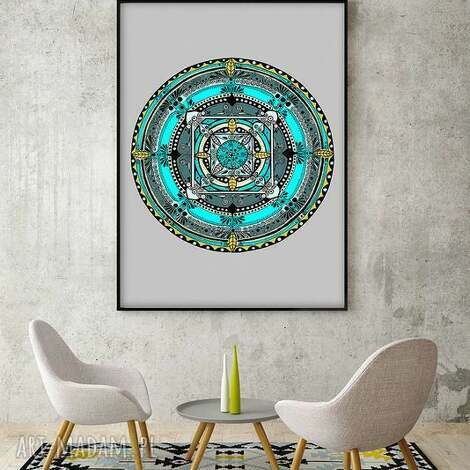 Mandala 40x50 cm - plakat w kolorach turkus, żółty i szary
