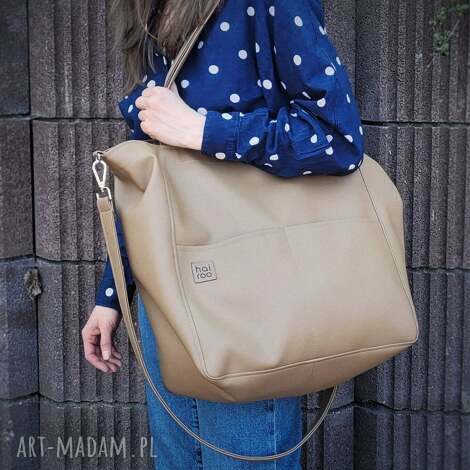 Torba na ramię Lazy Bag Pocket ciemnobeżowa ekoskóra oversize - z kieszeniami