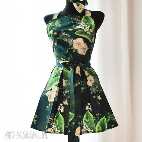 fartuch damski zielony w orchidee z opaską komplecie fnartuch jak sukienka