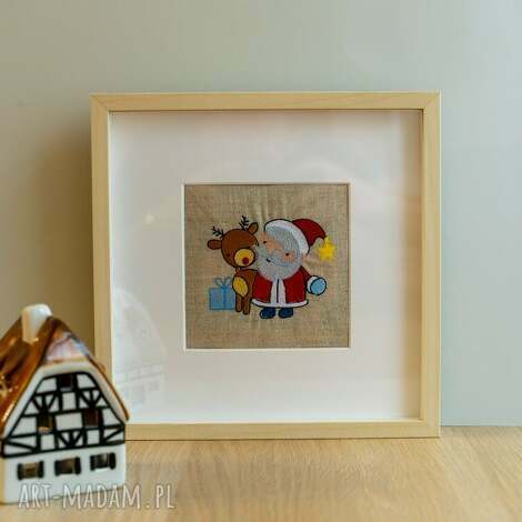 haftowany obrazek - mikołaj z reniferem, świąteczny, prezent renifer