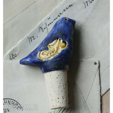 Korek do wina granatowy z ceramiczną nasadką - styl vintage, ptak handmade
