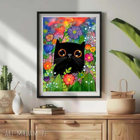 Czarny kot na szczęście 50x70 cm - akwarelowa grafika od Małgorzaty Domańskiej