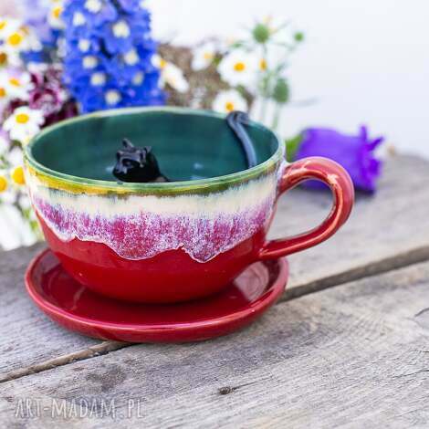 Filiżanka z figurką kota czerwono-jadeitowa - rękodzieło ceramiczne ok 300 ml