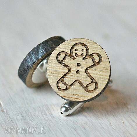 dębowe spinki do mankietów ciastek piernik, drewniane pierniczek, ludzik