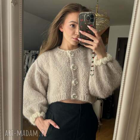 swetry kardigan fleur marcepan kwiaty koronki falbanki ozdobne guziki wełna