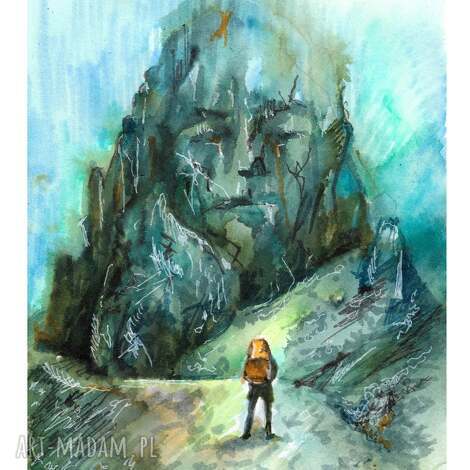 Dreams - Stonehead - obraz akwarelowy A4, autorski oryginał - sny w barwach turkusu i pomarańczu