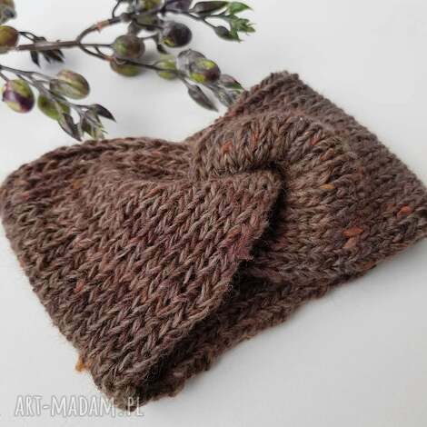 Opaska na głowę Orzechowy brąz - szeroka wełniana turban handmade (54-59 cm)
