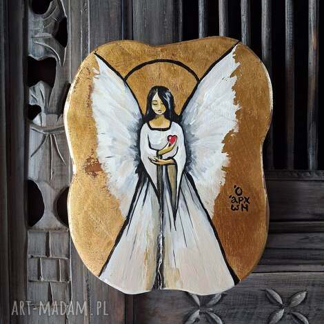 anioł na teakowej desce 23cm x 18cm, prezent, aniołek, ikona, złocone