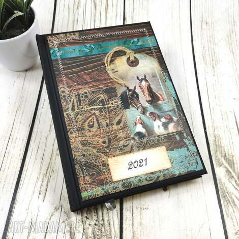 Kalendarz książkowy 2021 z koniem A5 - ręcznie robiony scrapbooking