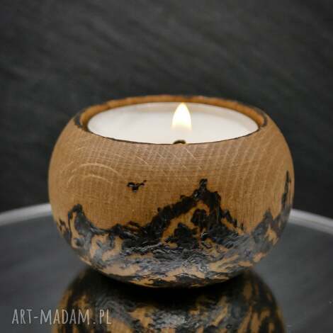 drewniany świecznik z górskim motywem - ręcznie wypalany,idealny