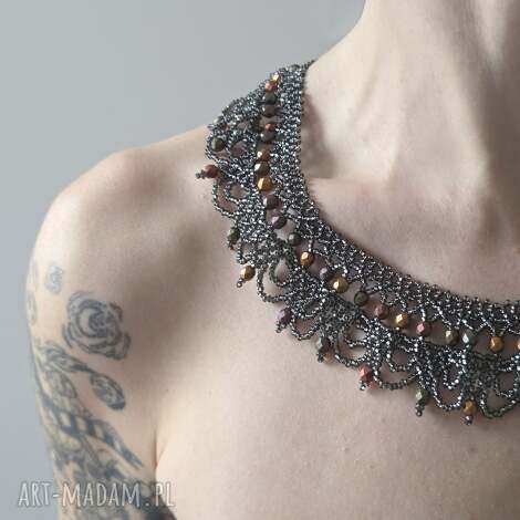 kolia grafit i miedź z fasetowanych koralików (naszyjnik koralikowy, koraliki)