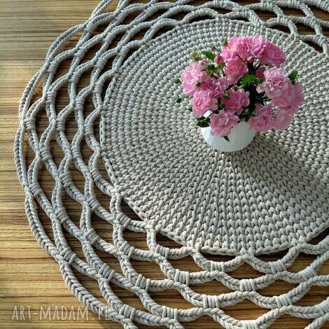 Okrągła podkładka ze sznurka 58 cm - beżowa handmade