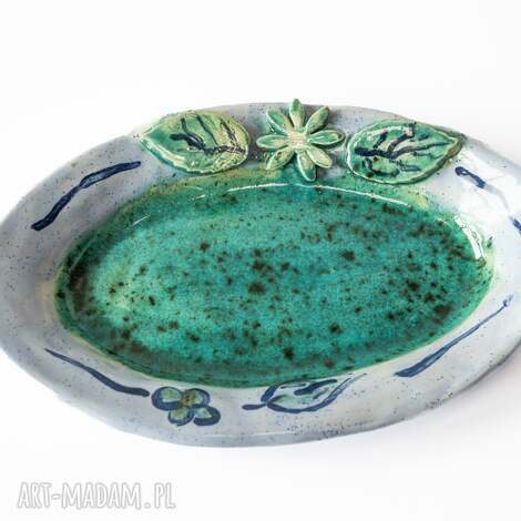 Mały półmisek ceramiczny Kiwi - ręcznie robiony do serwowania, niebieski/zielony/czarny